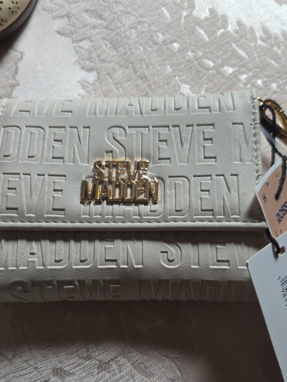 Steve Madden Cream Embossed Logo Clutch with Gold Hardware